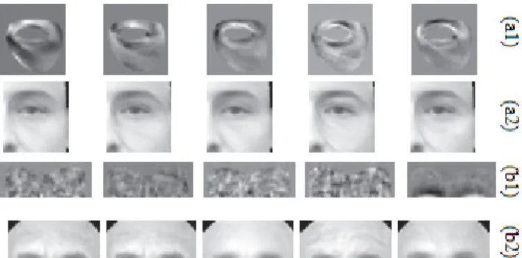 Fig. 4 Representation of aging texture in [38]; (a1, a2) depict the shape-free texture in the region around eye and the corresponding synthesized images and (b1, b2) depict the same for the forehead region (reproduced from [38]).