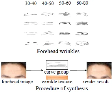 Fig. 7 Generation of wrinkle curves for different age patterns and synthesis of a wrinkle pattern over aged image (reproduced from [40]).
