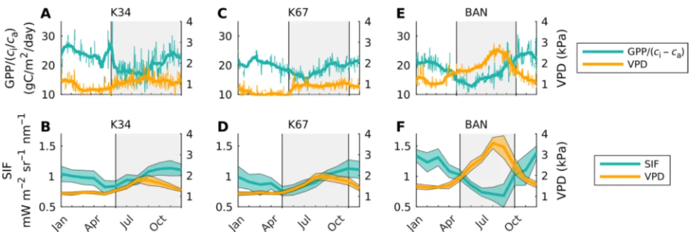 Fig. 4. Flux tower climatology. Flux tower data from three sites (K34, K67, and BAN) in Amazonia showing the mean climatology of GPP normalized by the ratio of leaf  internal CO 2  partial pressure (c i ) to atmospheric CO 2  partial pressure (c a ) (A, C,