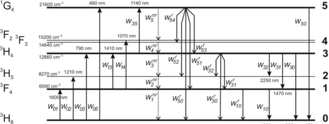 Fig. 1 : Energy diagram of Tm 3+  ion. Parameters are described in the text. 