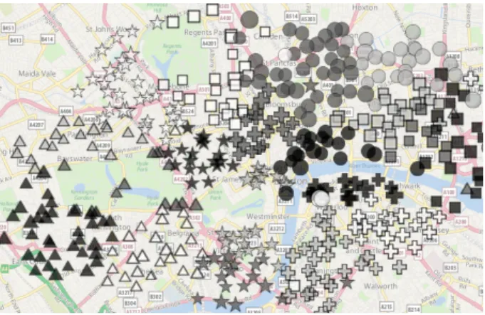 Figure 4: Clusters of source stations plotted on a map of London. There is one greyed symbol per cluster.
