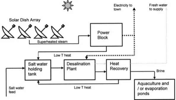 Figure  II.5.  Système  solaire  thermique  utilisant  une  combinaison  de  capteurs  solaires  paraboliques  pour  la  génération d’électricité et pour piloter une station de dessalement utilisant la RO (Burgess et Lovegrove, 2005) 