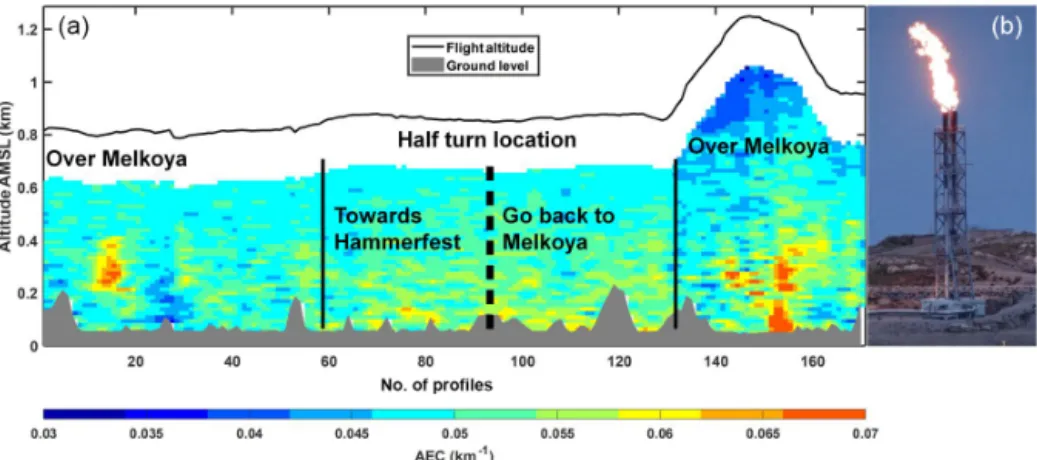 Figure 10. (a) Vertical profile of the aerosol extinction coefficient (AEC) during flight 4 (16 May, 22:39–23:24 LT) dedicated to the sampling of the Melkøya flare at 355 nm