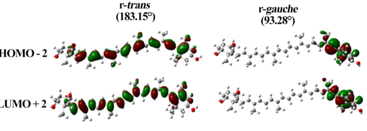 Figure  7    Molecular  orbitals  presenting  significant  changes,  HOMO-2  and  LUMO+2,  for  diadinoxanthin  in  conformations r-trans (in vacuo) and r-gauche (stabilized by five waters)