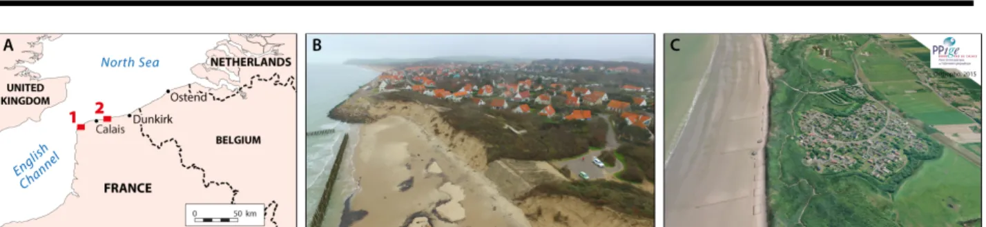 Figure 1. (A) Location of the studied sites : 1: Wissant, 2: Oye-Plage; (B) Photograph of the housing estate threatened by coastal erosion in Wissant  (source: Amis de Wissant); (C) Oblique aerial view of the housing estate at Oye-Plage protected from mari