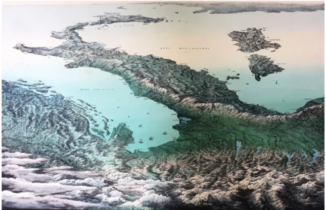 Fig. 1. Une représentation naturalisée de la nation en 1853: l’orientation au sud sert à accentuer l’unité de  l’ensemble / An 1853 naturalised representation of the nation: the southern orientation stresses the unity of  the whole [La geografia a colpo d'