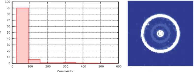 Figure 7: STROKE problem. Histogram of computational complexity (left). In the right picture, white zones correspond to points where the complexity is greater than 80.