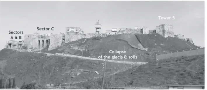 Figure 1: View of the south front of Qalaat Al-Mudiq, with indication of the fieldworks sectors