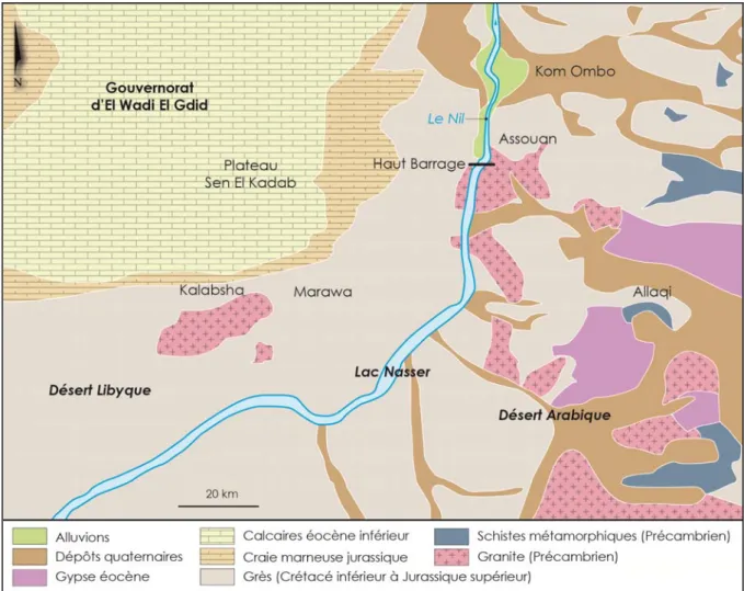 Figure 2 - Carte géologique simp ifiée du gouvernorat d'Assouan.  l Source : M. A L  A MRAWY , d'après la carte géologique d'Assouan au 1/50 000 (1987)