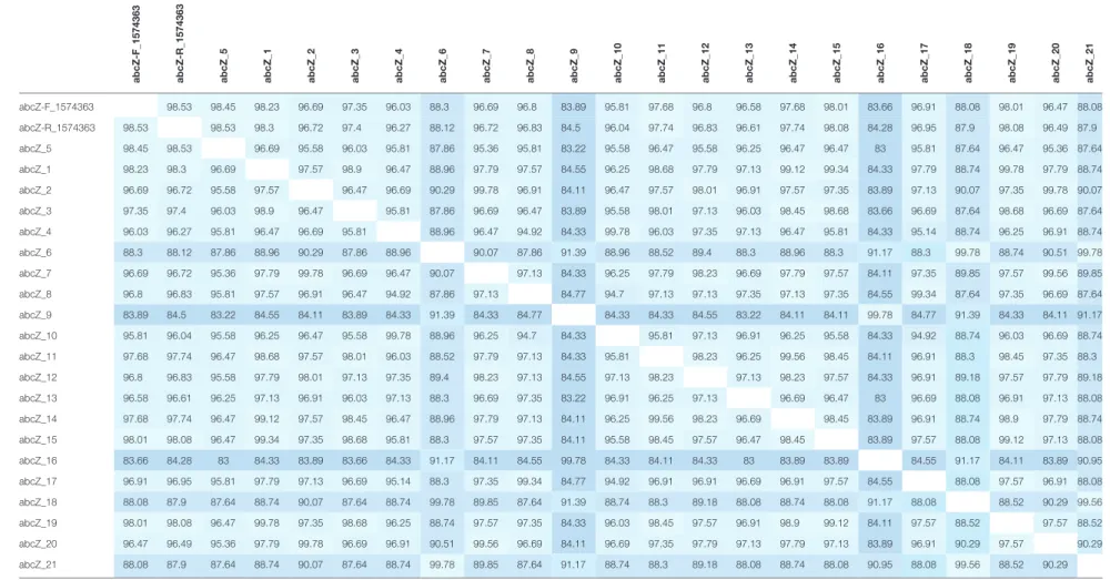 taBLe 1 | Distance matrices of the Kingella kingae abcZ allele corresponding to the MAFFT alignment displayed in Figure S3 in Supplementary Material.