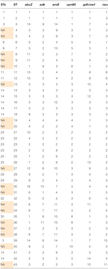 taBLe 2 | Among the 70 sequence types (STs) of Kingella kingae that are  documented in the multilocus sequence database (MLST) of the Institut Pasteur  database (http://bigsdb.pasteur.fr/perl/bigsdb/bigsdb.pl?db = pubmlst_kingella_