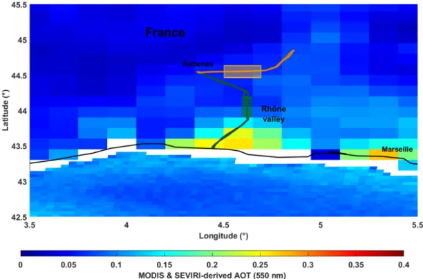 Figure 7. Ground-tracks of flights C (orange) and D (green) on 24 June 2015. The ground-tracks are  superimposed to the aerosol optical thickness (AOT) at 550 nm derived by MODIS (over continent)  and SEVIRI (over sea)