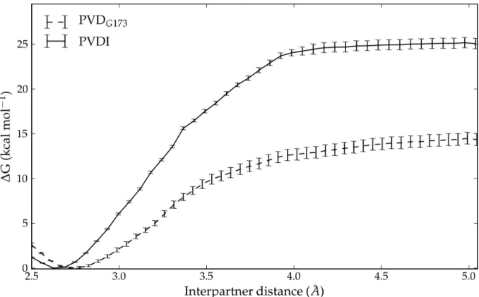 Fig.  3  Potential  of  mean  force  for  the  association  and  dissociation  of  PVDI  (continuous  line)  and  PVD G173   (dashed  line)  from  FpvA  along  the  minimum  interpartner  distance  generalized  coordinate  (see  text  for  details)