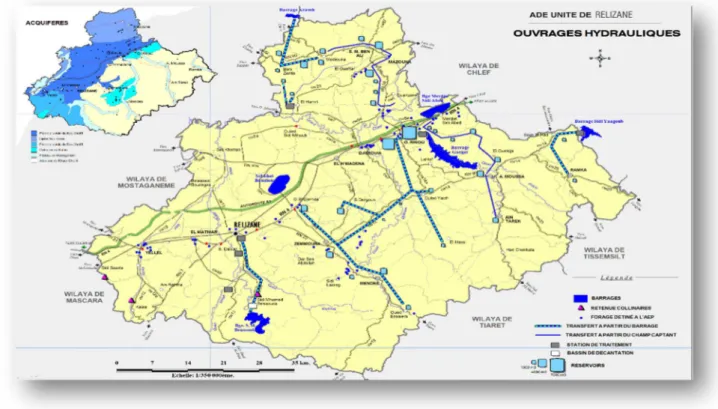 Figure 3.3.  Carte des ouvrages hydrauliques de la wilaya de Relizane. 