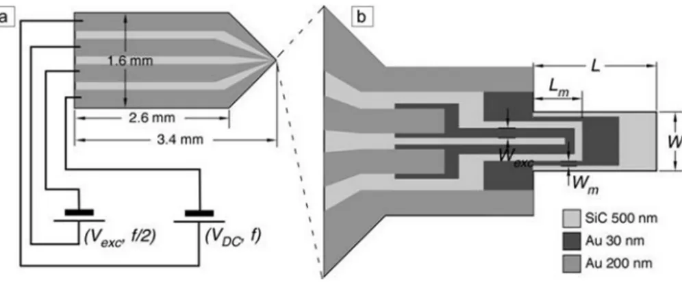 FIG. 5. (a) Size of the support chip and drawing of the electrical circuits for excitation and piezoresistive  measure-ment of the SiC cantilever, (b) drawing of the SiC cantilever with the active circuits.