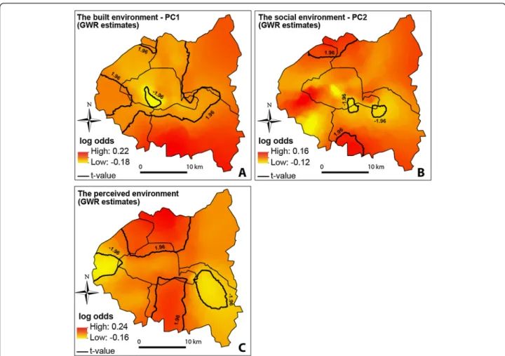Figure 5 Map results of the geographically weighted Poisson regression parameters (log odds) for the built (A), the social (B) and the perceived (C) environment