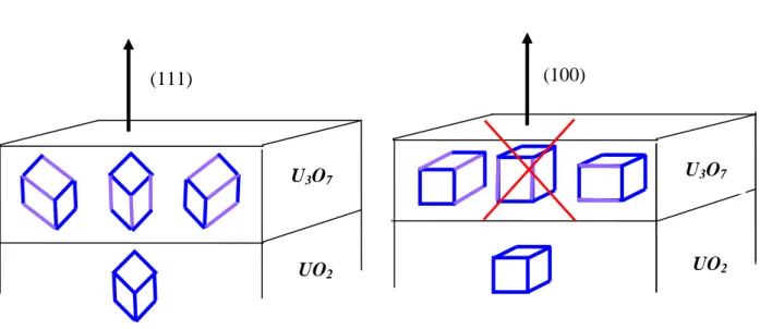Figure 2 : Analysis of the image collected on the oxidised UO 2  single crystals. Indexation (A-)  and simulations of images implying a strained UO2 structure   