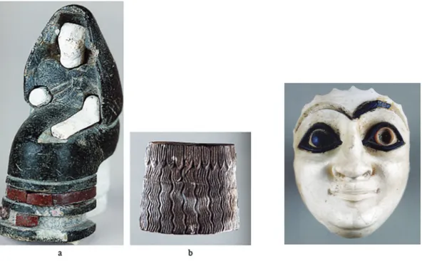 Fig. 5 – a‑b: Ebla composite statuettes (Aruz 2003, no. 108, 110). Fig. 6 – Mari head of composite statuette (Aruz 2003, no. 105).