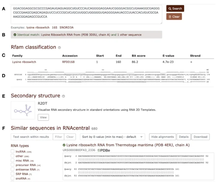 Figure 4. Rfam sequence search using the RNAcentral sequence search component. (A) Query sequence