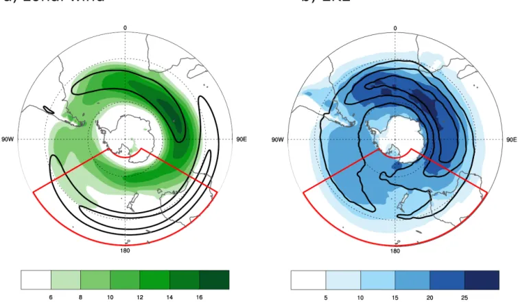 Figure 1. Climatological JJA zonal wind (m s −1 , a) and eddy kinetic energy (EKE, m 2 s −2 , b)