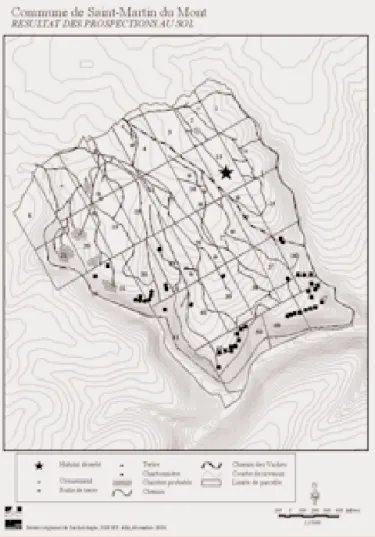 Figure 7 : Résultat des prospections au sol : cheminements, clairières, charbon- charbon-nières, creusements et amas pierreux.