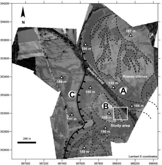 Fig. 3. Mosaic of orthorectiﬁed aerial photographs of the study area that allows the exact positioning of palaeochannels and palaeobars/islands: (A) 1st century Roman military camp; (B) main part of the 1st–3rd century Roman town; and (C) main part of the 
