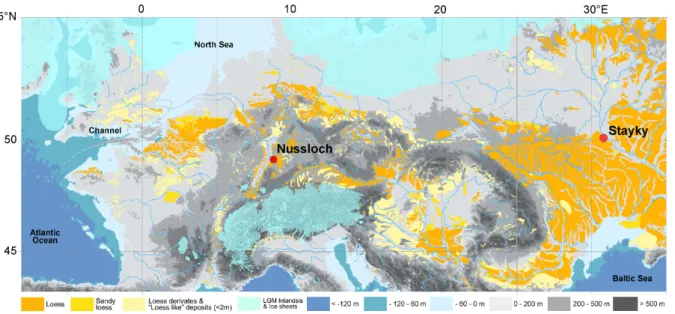 Fig. 1. Map of the thickest European loess deposits (in yellow), in the context of the Last Glacial Maximum (21 kyr BP) ice sheets (light blue) and sea level (modified from Antoine et al., 2013, based on data from compilations kindly provided by D