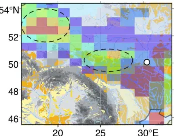 Fig. 5. Annual mean of dust emission fluxes for GS (Fig. 4a) super- super-imposed on the topographic map.