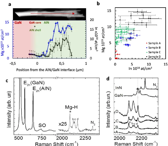 Figure 1. (a) TEM picture of dispersed nanowire from sample D and corresponding Mg (blue axis to the  left) and In (black axis to the right) profiles along the growth axis