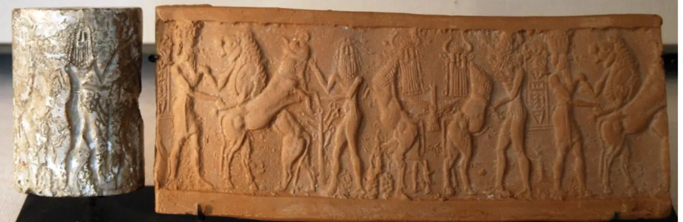 Figure 13.5. Belted nude hero on a marble cylinder seal from Tello, period of Akkade, middle of the  third millennium BCE (MNB1344)