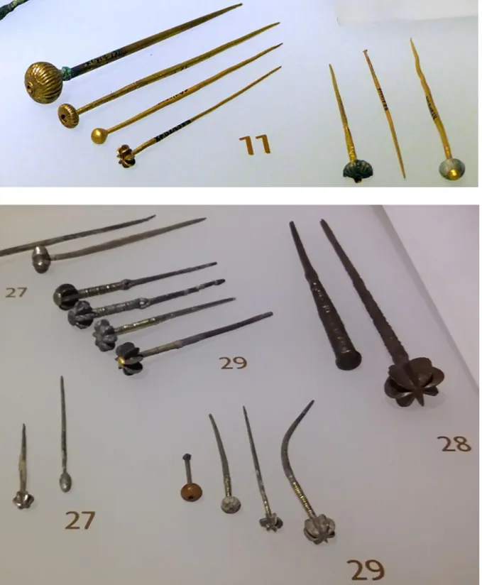 Figure 13.3a-b. a) Gold and b) silver toggle pins from Kültepe. Ankara Anadolu Medeniyetleri Müzesi