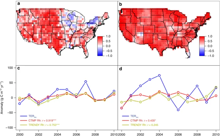 Fig. 4 Temporal correlations between gridded production and respiration. Temporal correlations between gridded GPP and TER with estimates of Rh (heterotrophic respiration) derived from the TER CTMP empirical model