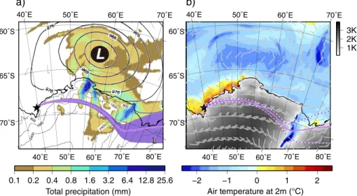 Fig. 4. (a) A composite map of the AMPS forecast over the period when the air mass responsible for the warm event on 23 December 2014 moves across  the mountainous region in East Antarctica (1200 UTC 22 December−1200 UTC 23 December)