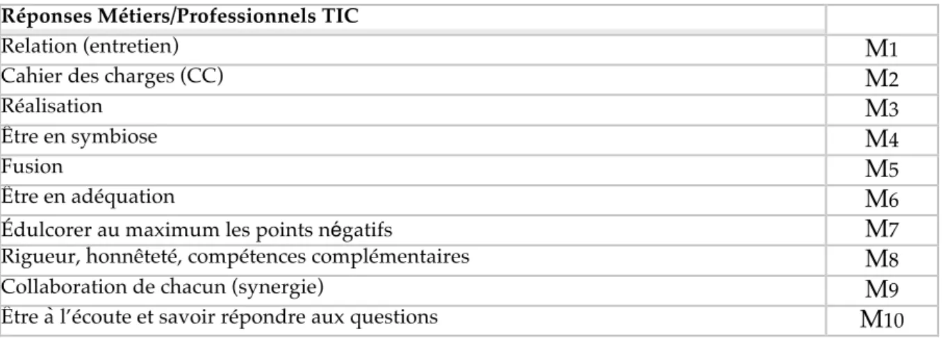 Tableau 2. Exemple du tableau des compétences de professionnels TIC = ensemble B  (Saisie partielle) 
