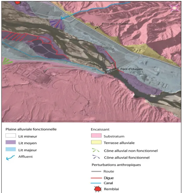 Figure 7 - Carte hydrogéomorphologique de la vallée du Karakash au pont d'Ulugata. 