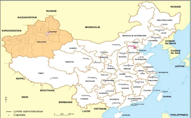 Figure 1 - Division administrative de la République Populaire de Chine  et de la Région Autonome du Xinjiang