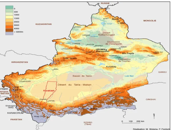 Figure 2 - Province du Xinjiang et local sation du bassin versant du Karakash.  i Source : M