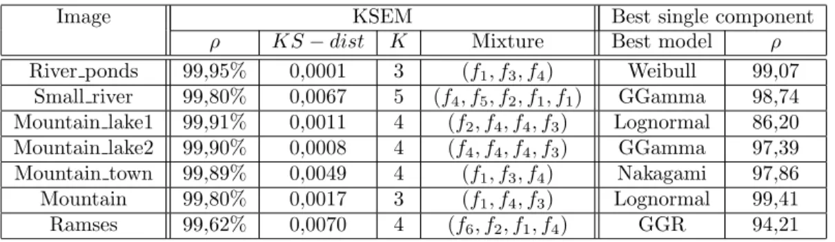 Table 2: Results of the aplication of KSEM to all the employed SAR images: correlation coefficient (ρ) and Kolmogorov- Kolmogorov-Smirnov distance (KS − dist) between the estimated pdf and the image histogram, the estimated number K of mixture components a