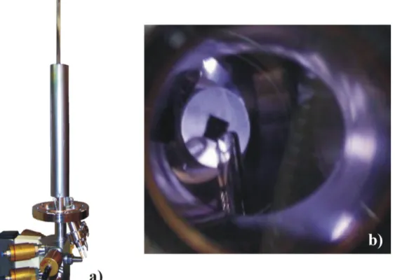 Fig. 7. a) Picture of the Riber CVD gas injector with its quartz tube; b) View inside the chamber through a viewport showing the end of the quartz tube approaching the sample.