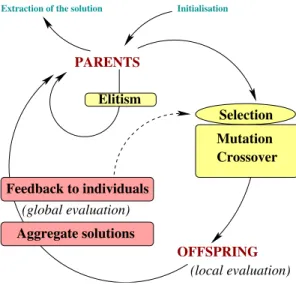 Fig. 1.2 A Parisian EA: a monopopulation cooperative-coevolution. Partial evaluation (local fit- fit-ness) is applied to each individual, while global evaluation is performed once a generation.