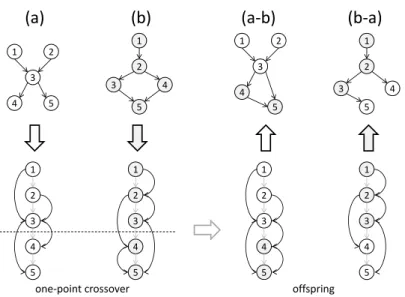 Fig. 2. Example of onePointCrossover application in µGP 3 . When the genotype is of fixed length, the directed arcs are reattached to corresponding parts of the new individuals.