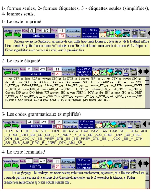 Figure 6: Quatre présentations du texte dans une base lemmatisée 