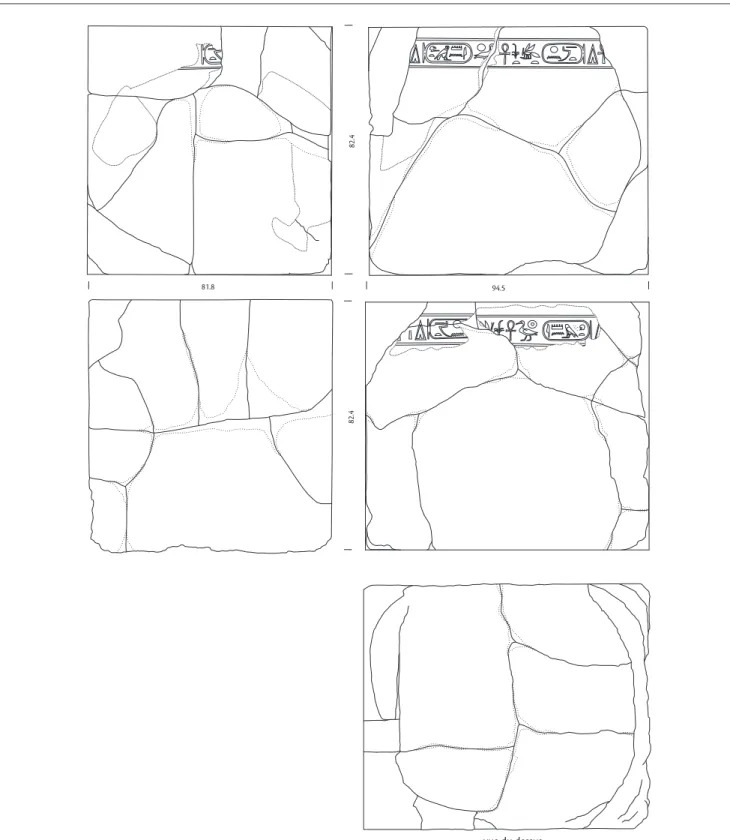 Fig. 4.  Socle en granit au nom d’Amenemhat III remployé dans le dallage de la salle IX (dessin Audrey Caparros).