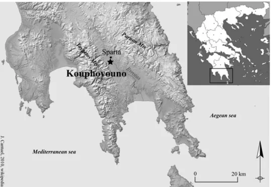 Figure 1. Geographical location of Kouphovouno in Laconia, Peloponnese (Jean Cantuel, after Rivals et al., 2011).