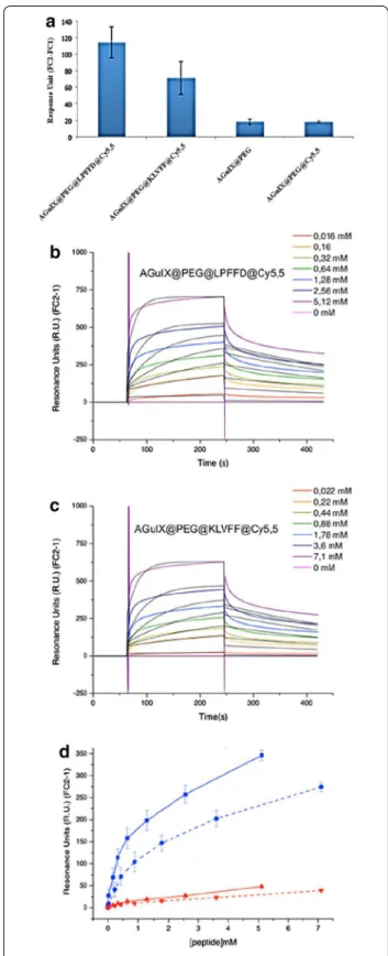 Fig. 5  Interaction of functionalized nanoparticles for Aβ(1–42) fibrils  or V30M‑TTR fibrils assessed by SPR experiments