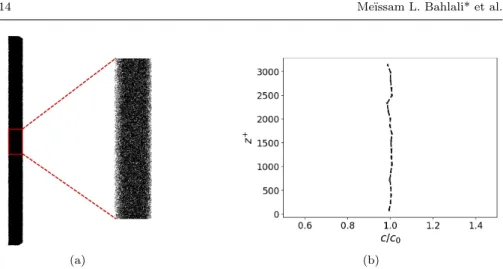 Fig. 6 Particle repartition at the end of the calculation (a) and the corresponding profile of the particle concentration (b), showing the respect of the well-mixed criterion