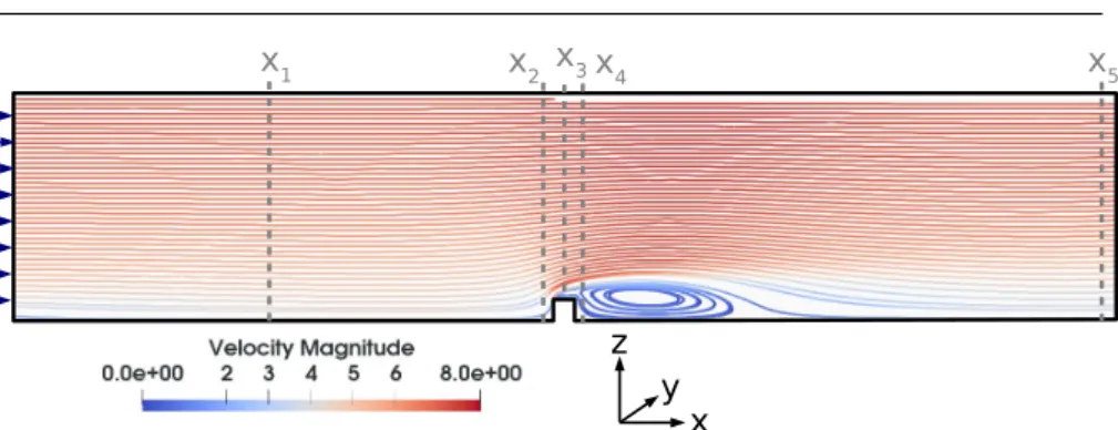 Fig. 9 Geometry, streamlines and velocity field of a flow around an obstacle within a boundary layer