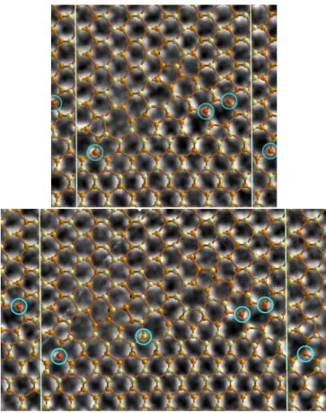 FIG. 4. (Color online) Electron microscopy images overlaid by the atomic configurations of the 5:7 and 10:7 approximants stable with the Stillinger-Weber interactions (respectively top and bottom images)