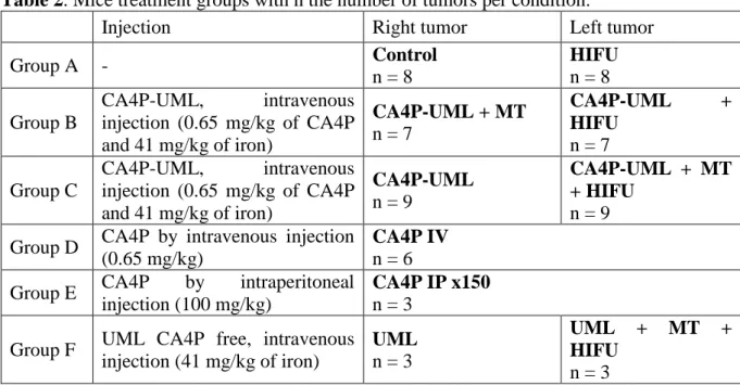 Table 2. Mice treatment groups with n the number of tumors per condition. 