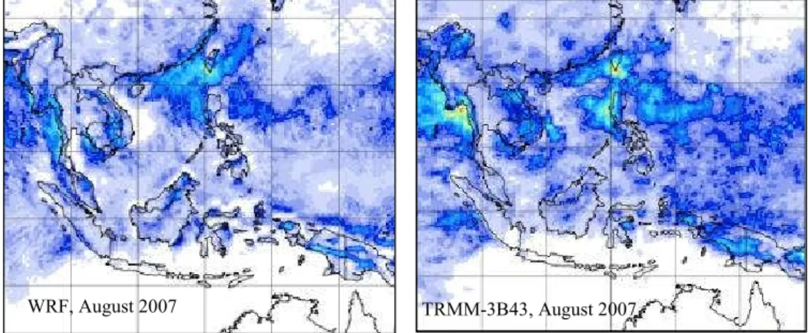 Figure 2. Comparison of modeled monthly precipitation and the TRMM-3B43 dataset in August and October 2017.